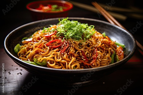 Yakisoba, a delectable stir-fried Japanese noodle dish, beautifully garnished with an array of fresh herbs and a sprinkle of aromatic sesame seeds, creating a harmonious fusion of flavors and textures