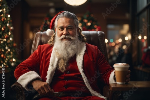 Closeup portrait of a beautiful happy Santa Claus in a red suit holding a glass of coffee or latte in his hand against the background of a Christmas tree and lights