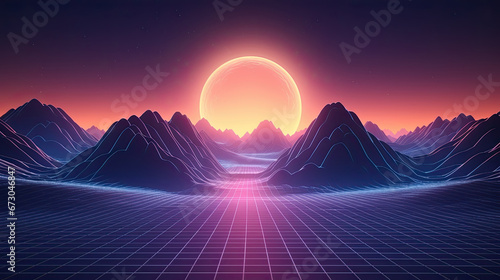 3d rendering  Virtual reality  sunset between the mountains. Design in the style of the 80s. Futuristic synthesizer retro wave illustration 