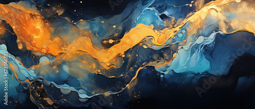 Abstract Marbled Acrylic Paint Ink Wave in Copper and Indigo photo