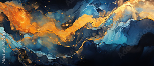 Abstract Marbled Acrylic Paint Ink Wave in Copper and Indigo