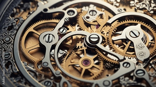 Gears and cogs in clockwork watch mechanism. Craft and precision - elegant detailed stainless steel and metal and beautiful, Generative Ai photo