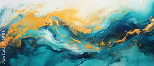 Abstract Marbled Acrylic Paint Ink Wave Turquoise and Copper