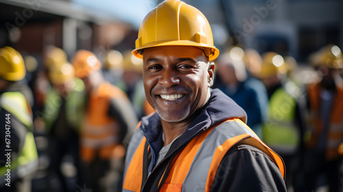 smiling builder on diverse construction site wearing a hard hat