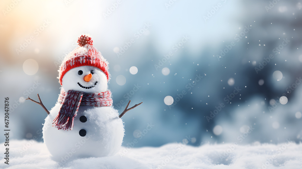 snowman using scarf and knitted hat on a pile of snow with winter background copy space
