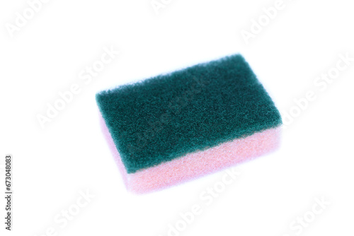 Soft cleaning sponge for washing dishes, isolated in white background. Concept, useful equipment for cleaning, scrubbing dish in kitchen or use for other purposes. Household tool.                     