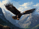 Eagle against a background of forest and mountains. Digital art.
