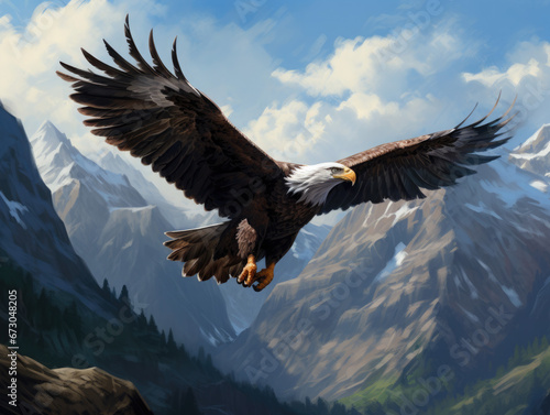 Eagle against a background of forest and mountains. Digital art. © Cridmax