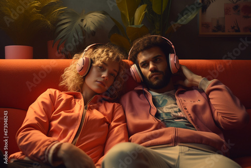 Couple listening to headphones on sofa © alisaaa