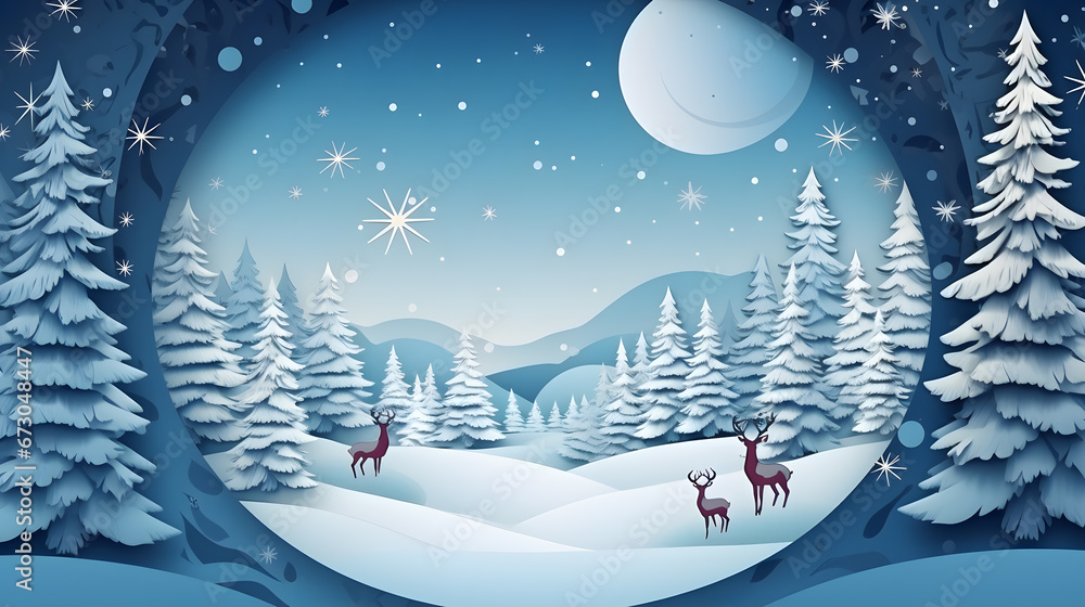 paper cut christmas with house tree reindeer and and moon on white snow winter background