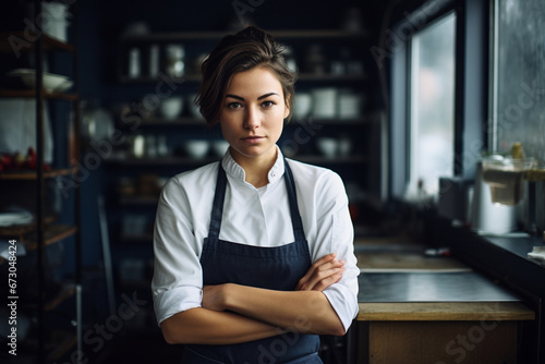 Cropped portrait of a chef standing with her arms folded in the kitchen