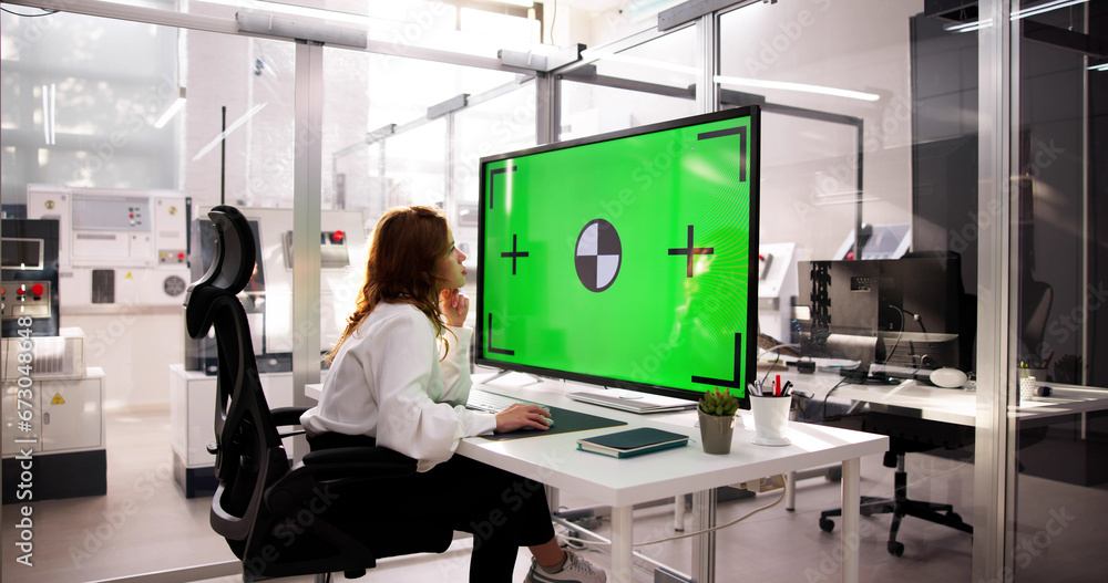 Fototapeta premium Blank Desktop Computer Screen In Office. Woman Looking