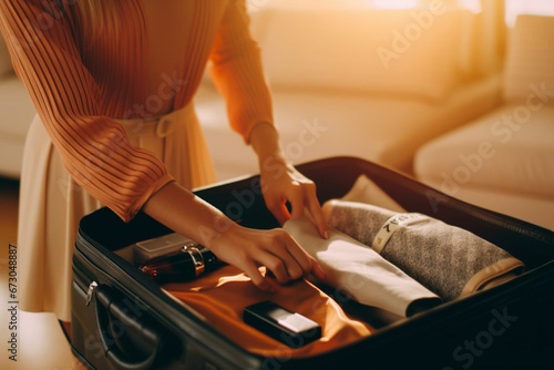 Cropped Shot of an Unrecognizable Woman Putting a Cosmetic Bag in Her Suitcase 