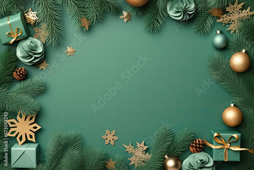 Christmas frame. Gift boxes with Xmas tree branches, golden stars and baubles on red background. Flat lay, top view, copy space. Christmas banner mockup, festive website header template