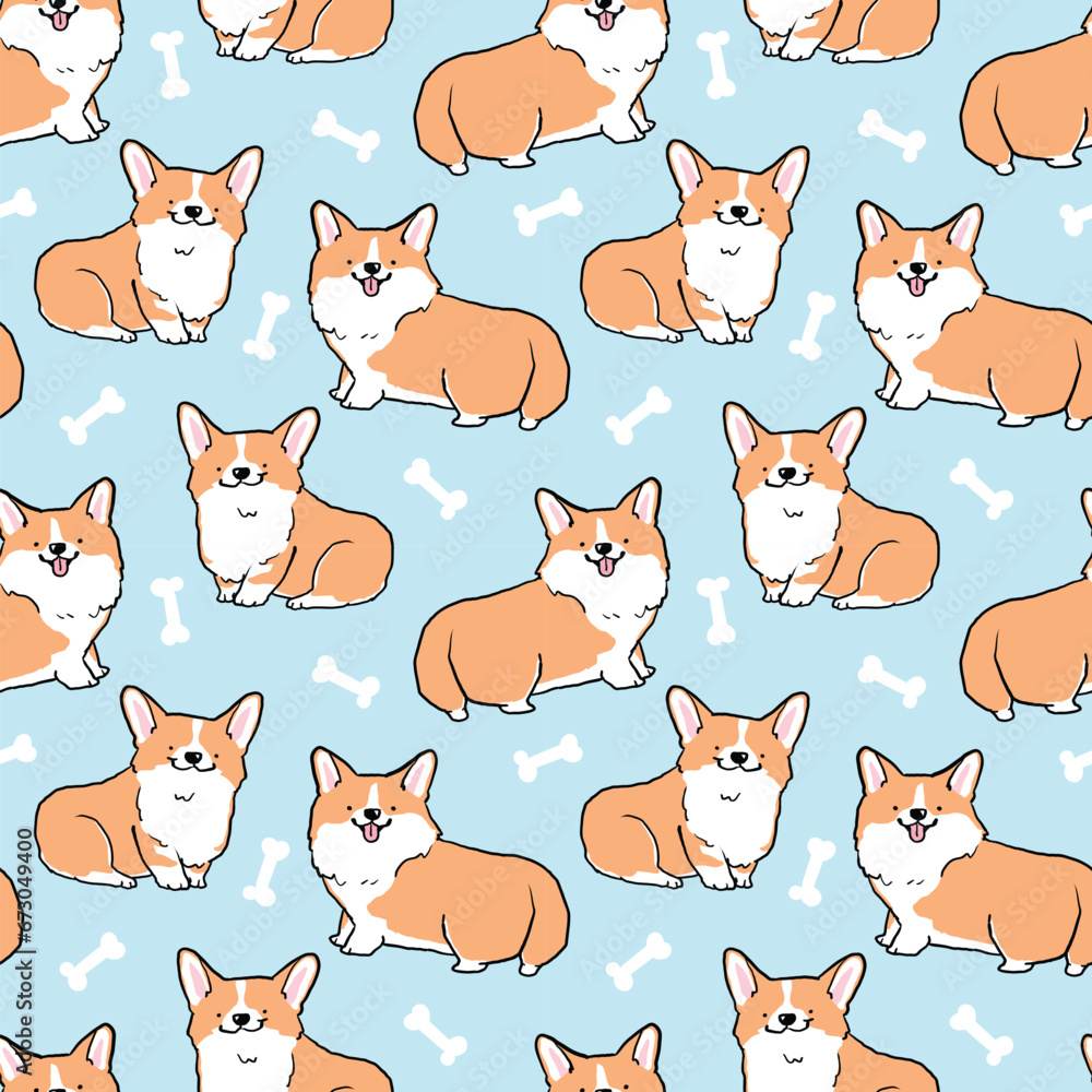 Fototapeta premium Seamless Pattern of Cute Cartoon Corgi Dog Design on Light Blue Background