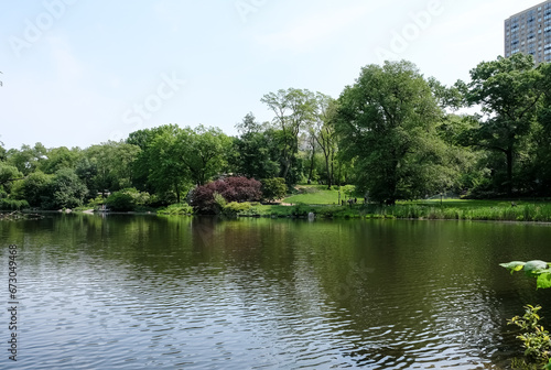 View of The Pond, one of seven bodies of water in Central Park located near Grand Army Plaza, across Central Park South from the Plaza Hotel, and slightly west of Fifth Avenue. Manhattan, NYC