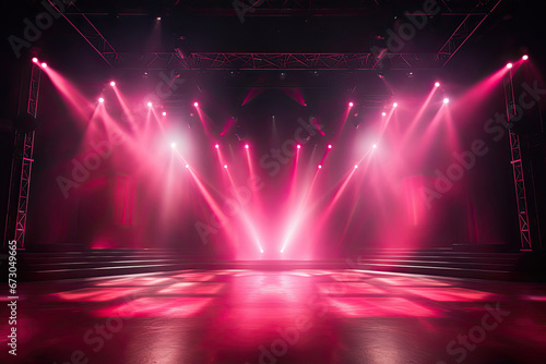Free stage with lights, Empty stage with red and pink spotlights,. Presentation concept