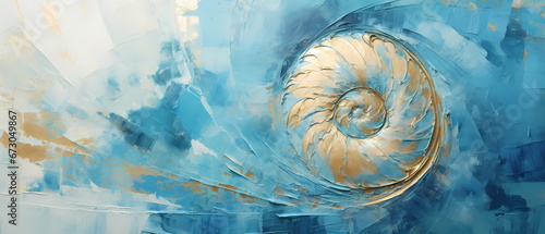 Nautilus shell in blue watercolor painting. Abstract background. photo