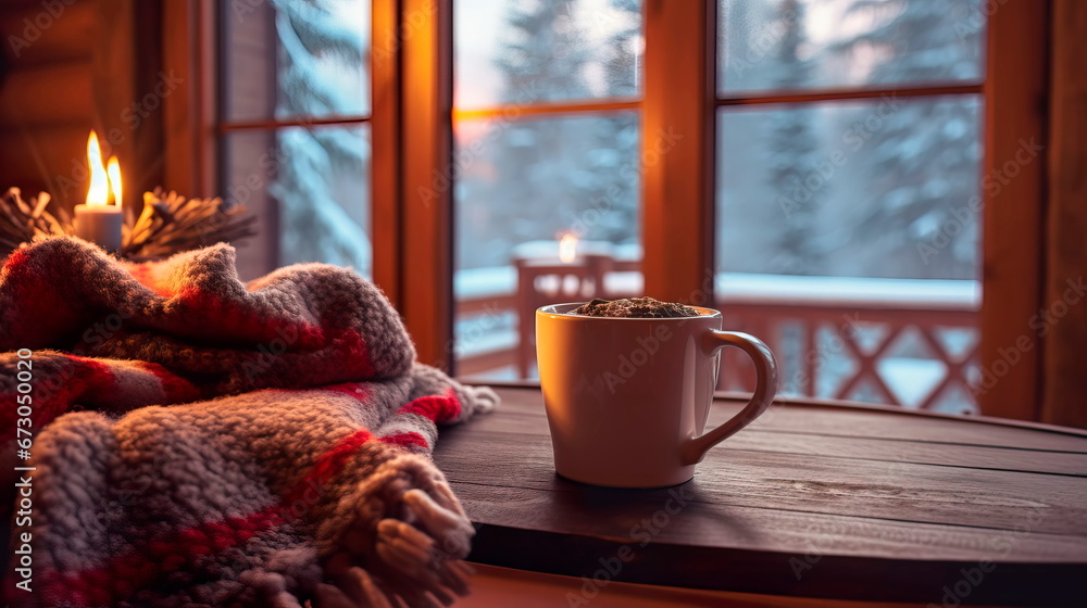 An inviting holiday background set in a cozy cabin with a warm fireplace, snow outside, and a cup of hot cocoa. - obrazy, fototapety, plakaty 
