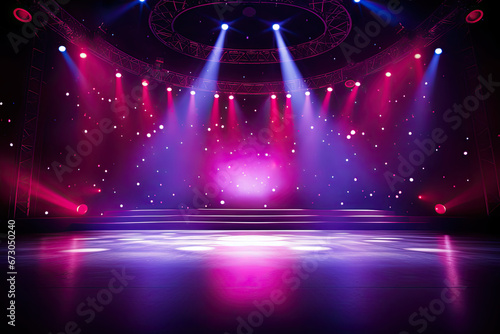 Free stage with lights, Empty stage with red and purple spotlights,. Presentation concept photo