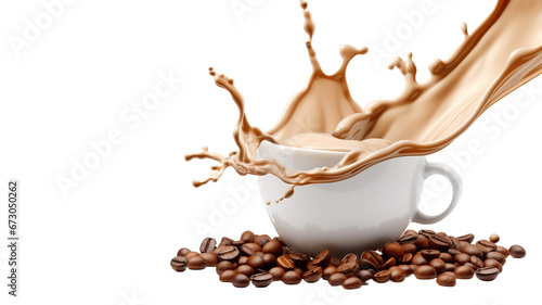milk coffee splash in white cup with coffee beans  3d illustration on white background 