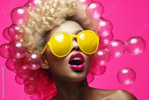 Fashion, make-up, style concept. Beautiful blonde woman with soap bubbles and sunglasses minimalist close-up studio portrait. Vivid colors, pop-art style