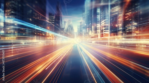 A digital data flow racing along a road with motion blur, creating the impression of high-speed data transfer. This concept symbolizes the future of digital transformation