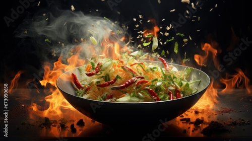 Capturing the frozen motion of a wok pan as it tosses ingredients into the air, surrounded by blazing fire flames. This image vividly portrays culinary dynamism and fiery cooking action