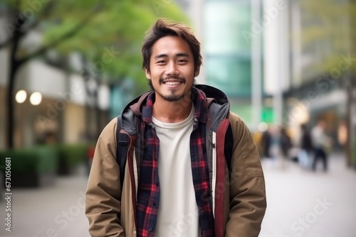 Portrait of a happy asian man with backpack at the street