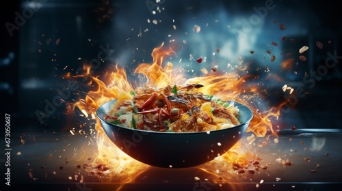 Capturing the frozen motion of a wok pan as it tosses ingredients into the air, surrounded by blazing fire flames. This image vividly portrays culinary dynamism and fiery cooking action