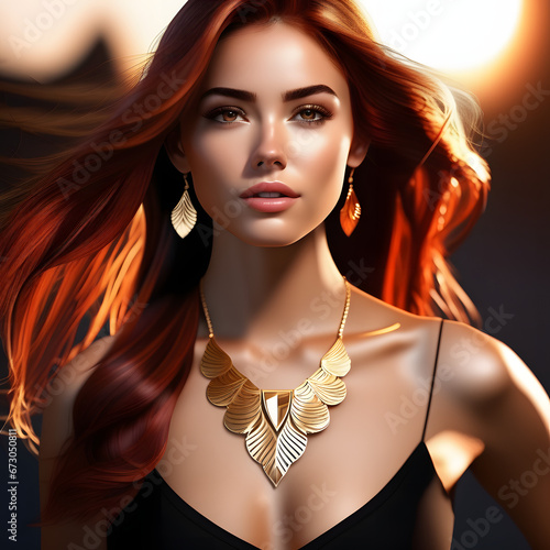 Billede på lærred beautiful woman with red and brown hair and with gold necklace2-generative ai_up