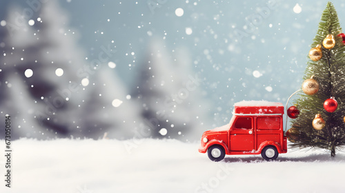  santa toy with red car carrying christmas ornaments on snow copy space background
