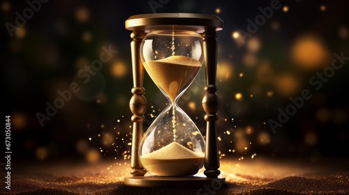 Sand trickling through the bulbs of an hourglass, symbolizing the relentless passage of time in a countdown to a looming deadline. The hourglass is set against a dark background with ample copy space