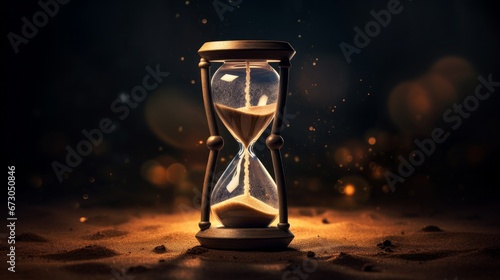 Sand trickling through the bulbs of an hourglass, symbolizing the relentless passage of time in a countdown to a looming deadline. The hourglass is set against a dark background with ample copy space