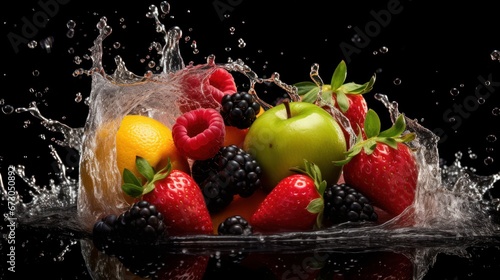 A super slow-motion shot capturing the exquisite beauty of fresh fruits as they collide with splashing water, all set against a striking black background. This mesmerizing image exemplifies the art of