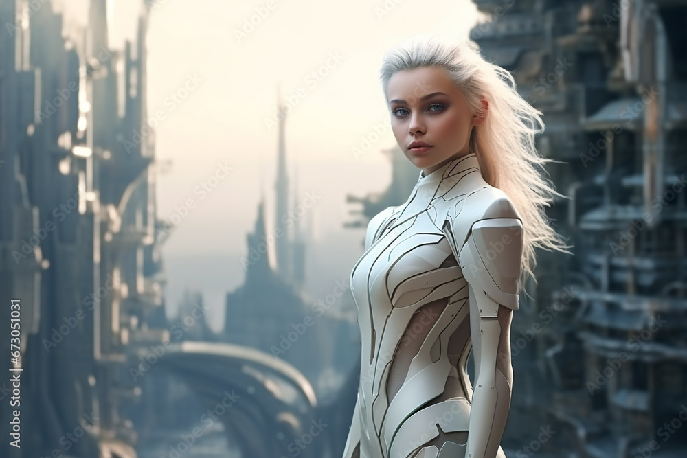 Obraz premium Sci-fi, fantasy, fashion and style, make-up concept. Futuristic beautiful blonde woman portrait with fancy bright futuristic clothing. Future self cyberpunk style