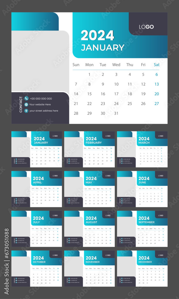 Desk Calendar design 2024 template - 12 months included in A4 Size