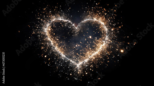 Beautiful Sparkling golden heart isolated on black background. Glowing heart shape to overlay on the textures in the design Holiday greeting card, Web banner for Valentine's Day, Wedding