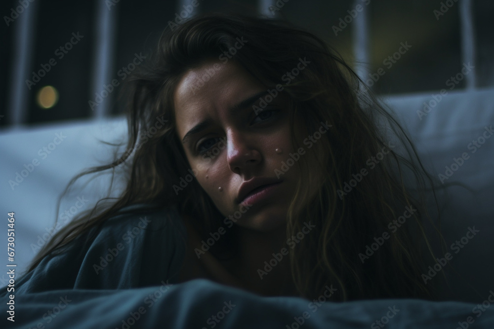 Dramatic Portrait of Young depressed woman crying in bed Dramatic Portrait of Young depressed woman crying in bed