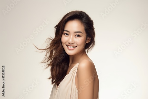 Image of an attractive Asian girl in a beige dress  creating an elegant and positive portrait with her radiant smile on a clean white backdrop. Generative AI