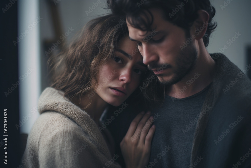 Dramatic Portrait of Young sad woman embracing her boyfriend while crying about something Dramatic Portrait of Young sad woman embracing her boyfriend while crying about something