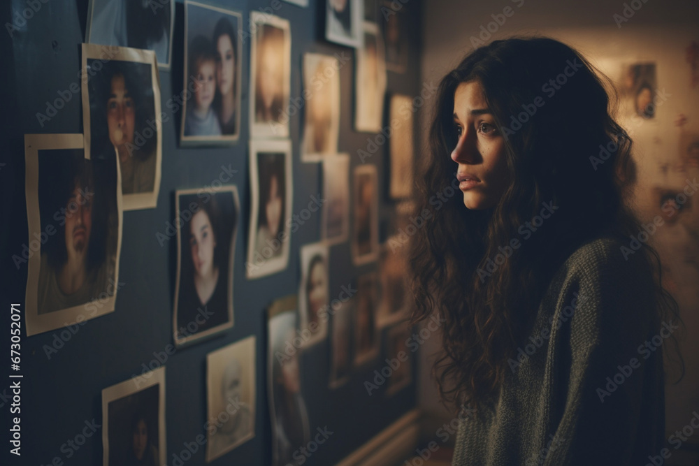 Dramatic shot of Woman feeling sad when looking at picture of lost loved one in the frame - obrazy, fototapety, plakaty 