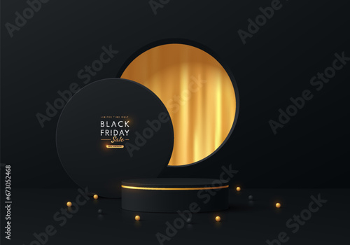 Abstract 3D black cylinder podium background with shiny golden curtain in round window scene. Black friday minimal mockup, Product display presentation, Stage for showcase. Platforms vector geometric.
