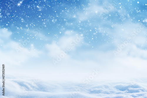 christmas background with snowflakes, Winter snow background with snowdrifts, with beautiful light and snow flakes on the blue sky in the evening, banner format, copy space,