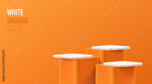 Realistic 3D round corner cube stand podium set in  white, orange color scene. Vector abstract geometric platforms design. Wall minimal scene cosmetic products stage showcase, Banner promotion display