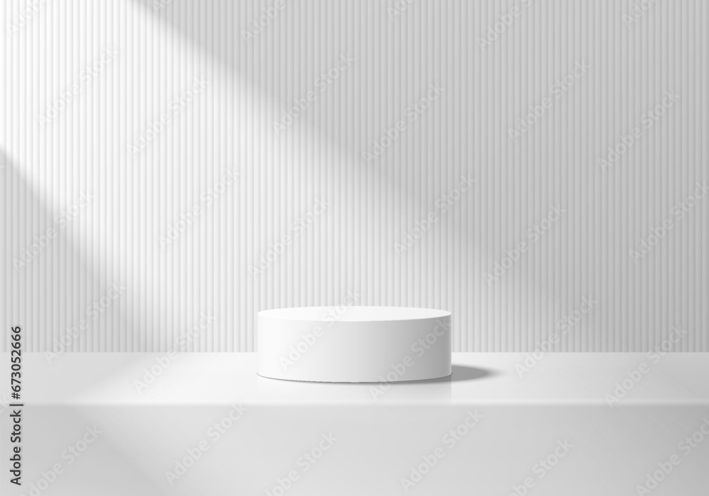 Abstract 3D realistic white cylinder podium pedestal background with natural lighting wall scene. Minimal mockup or product display presentation, Stage for showcase. Platforms vector geometric design. - obrazy, fototapety, plakaty 