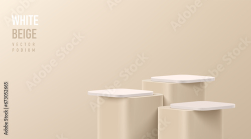 Realistic 3D round corner cube stand podium set in white, beige color scene. Vector abstract geometric platforms design. Wall minimal scene cosmetic products stage showcase, Banner promotion display.