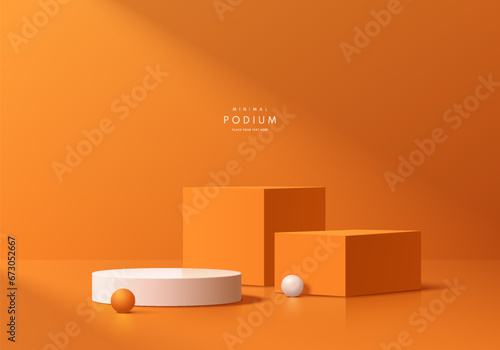 Realistic orange, white 3D cube and cylinder pedestal podium set with natural light background. Minimal wall scene for products stage showcase, promotion display. Vector geometric forms group design.
