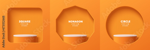 Set of realistic 3d white orange cylinder podium pedestal in square, nonagon and circle window wall scene. Abstract studio room. Pastel minimal scene products stage showcase, Banner promotion display.