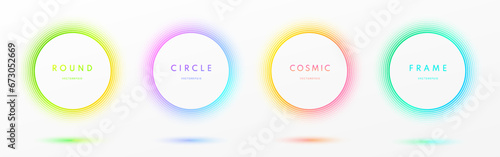 Set of abstract glow neon lighting line circles frames border isolated on white background. Blue, red-purple and green illuminate light round frames collection. Top view technology futuristic elements